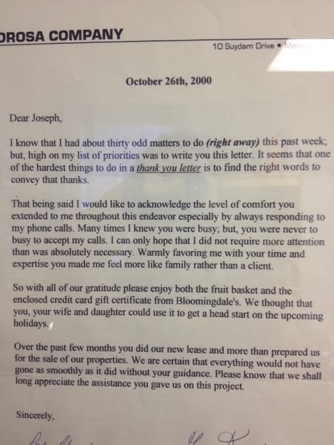 Photo of framed testimonial letter to Joseph N Yamaner