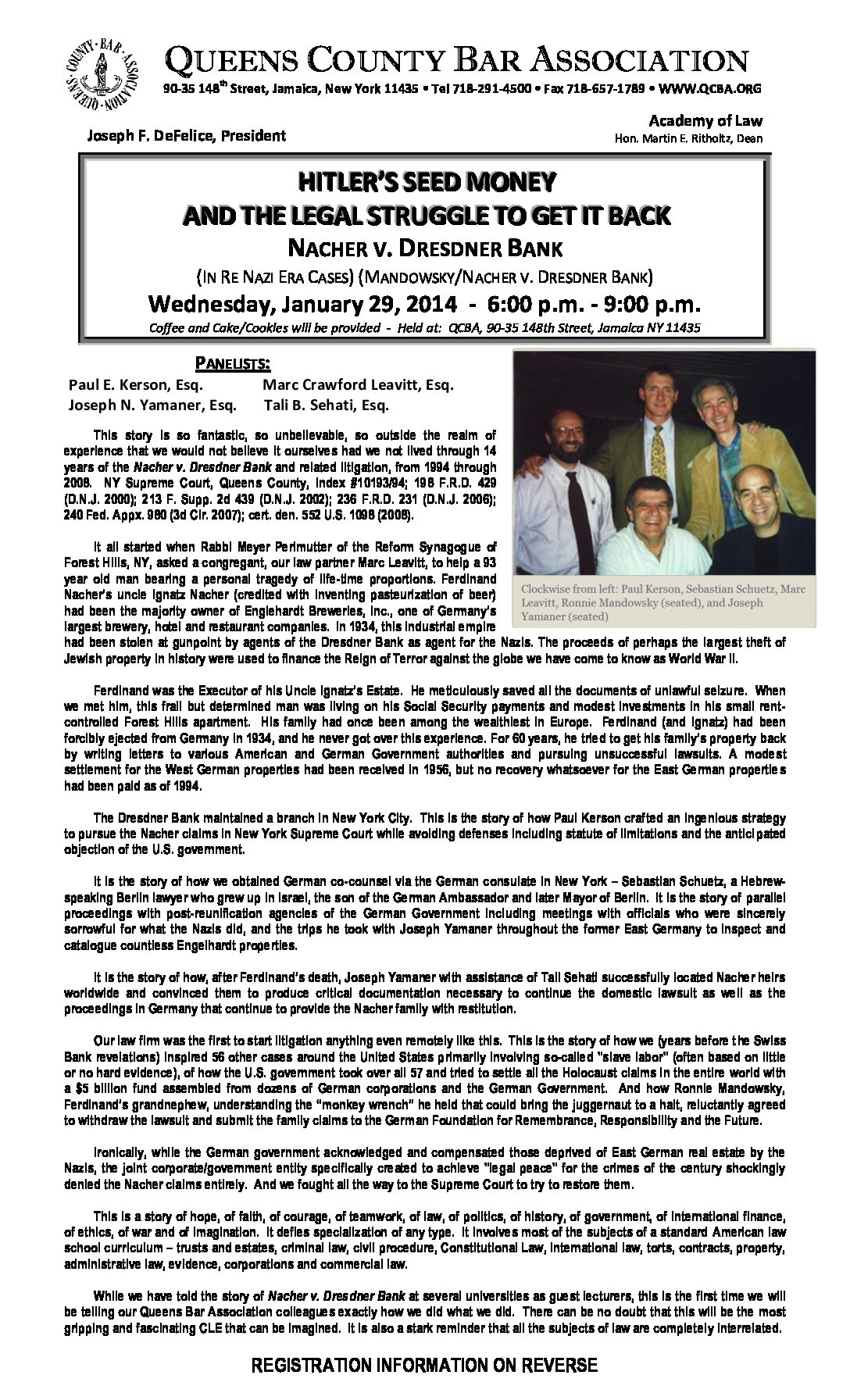 Image of flyer announcing a January 29, 2014 presentation entitled Hitler's Seed Money and The Legal Struggle to Get It Back